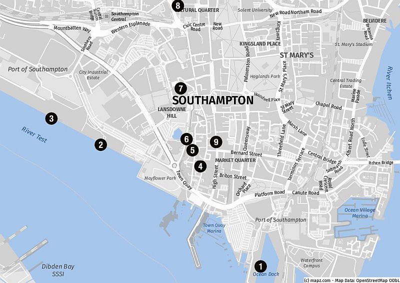 Karte: Ein Stadtbummel in Southampton auf eigene Faust