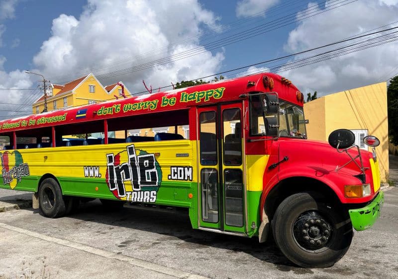 Farbenfroh lackierte Schulbusse ohne Fenster