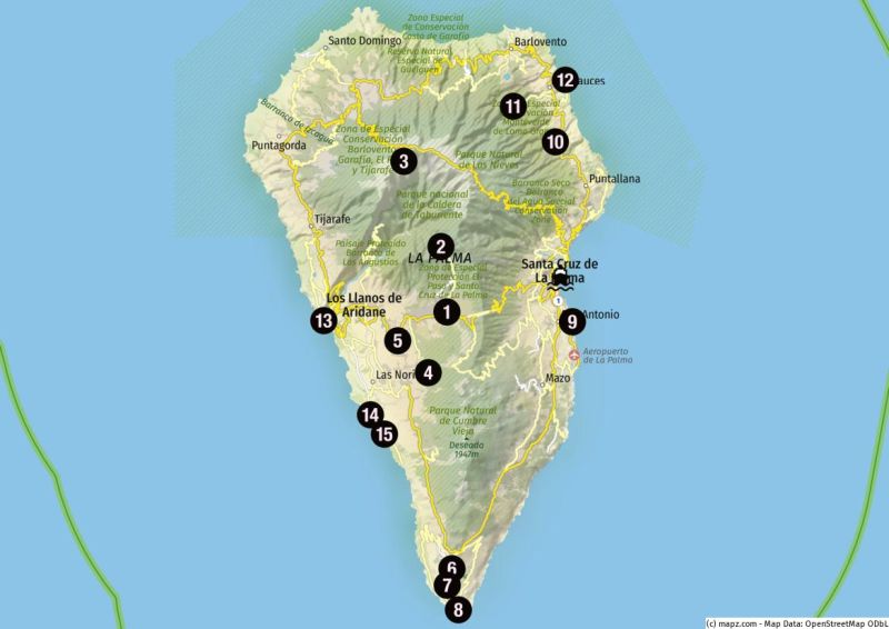Karte beliebeter Landausflugsziele auf La Palma