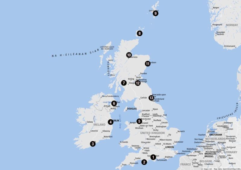 Karte der Häfen auf den Britischen Inseln
