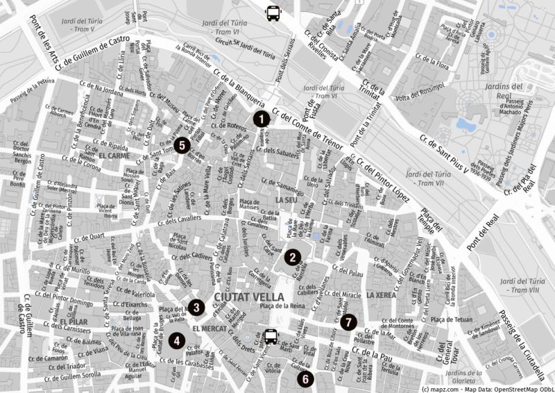 Karte der Highlights der Altstadt von Valencia