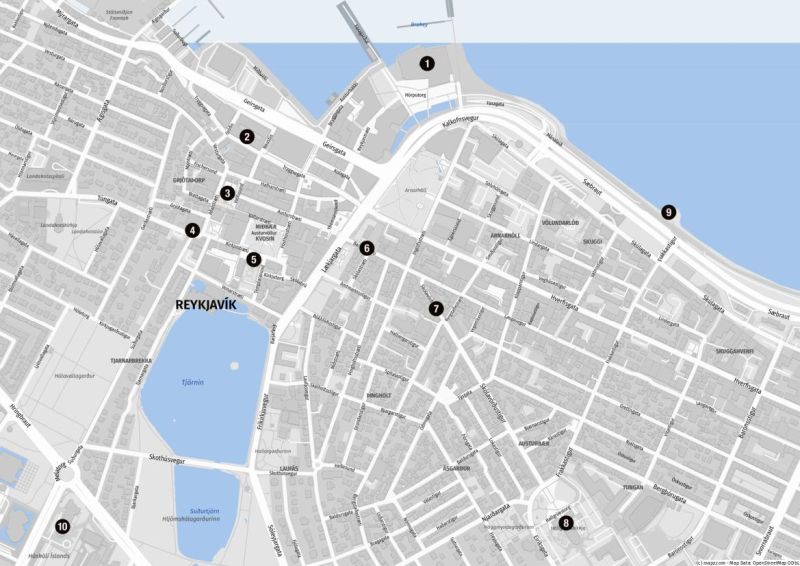 Karte der Highlights für einen Stadtbummel im Zentrum von Reykjavik