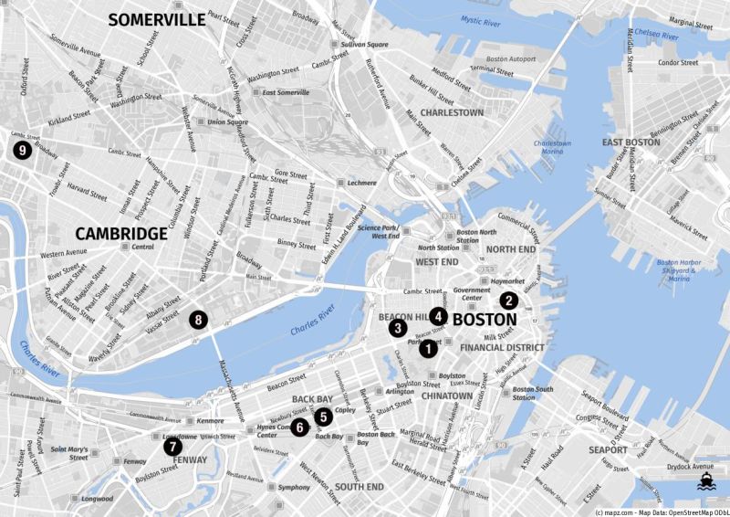 Karte der Highlights für Landausflüge in Boston auf eigene Faust