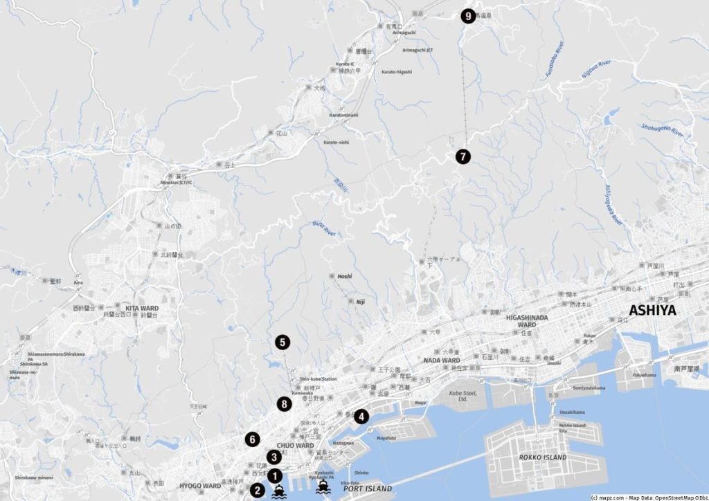 Karte der Highlights für Landausflüge in Kobe