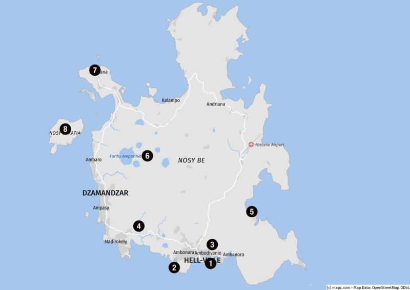 Karte der Highlights für Landausflüge in Nosy Be