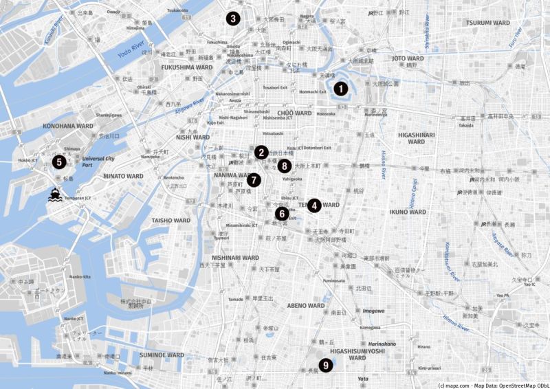 Karte der Highlights für Landausflüge in Osaka