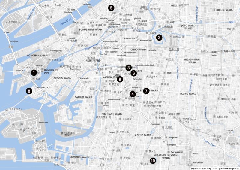 Karte der Highlights für Landausflüge in Osaka