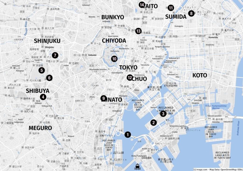 Karte der Highlights für Landausflüge in Tokio