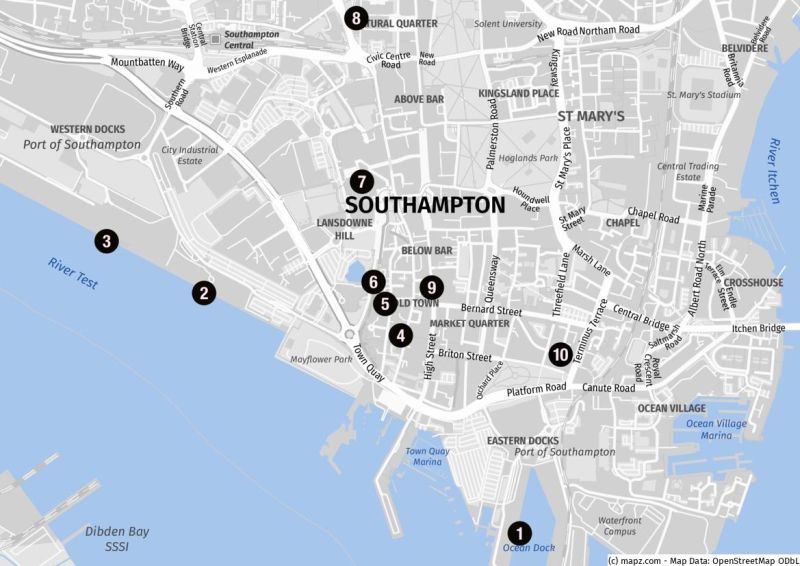 Karte der Highlights für einen Stadbummel in Southampton