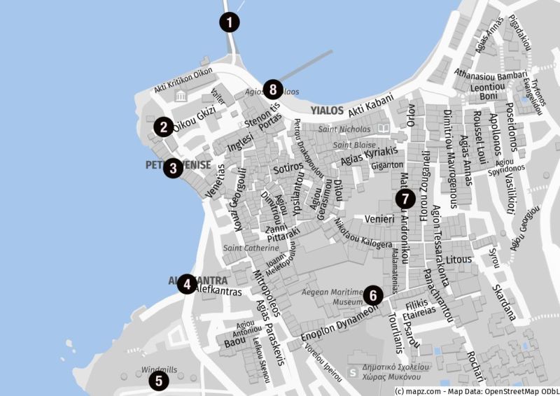 Karte der Highlights für einen Stadtbummel in Mykonos-Stadt