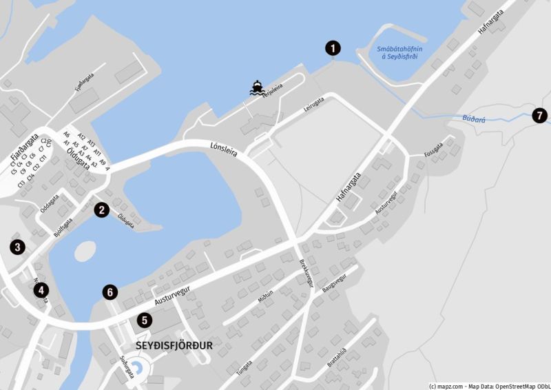 Karte der Highlights für einen Stadtbummel in Seyðisfjörður