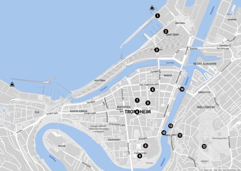 Karte der Highlights für einen Stadtbummel in Trondheim