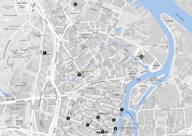 Karte der Highlights für einen Stadtrundgang in Danzig