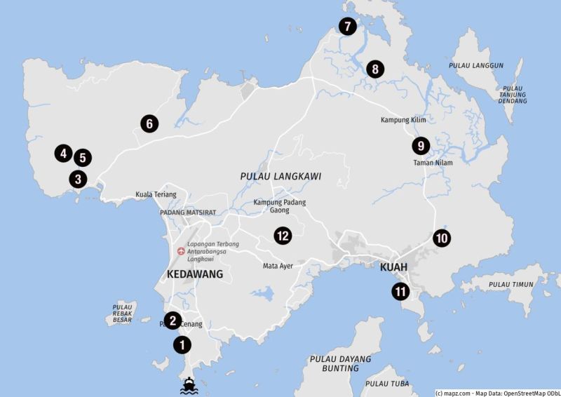 Karte der Highlights fürs Landausflüge auf Langkawi