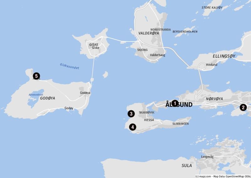 Karte der Highlights in den Außenbereichen von Alesund