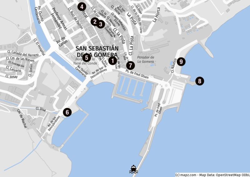 Karte der Highlights und Strände von San Sebastián de La Gomera