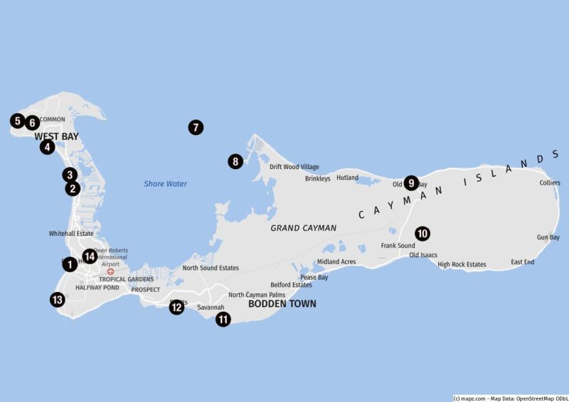 Karte der Landausflugsziele auf Grand Cayman