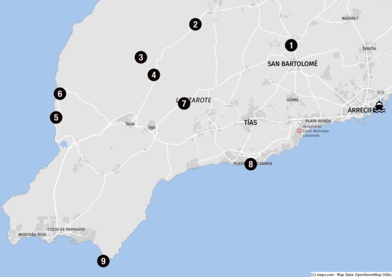 Karte der Landausflugsziele im Süden von Lanzarote