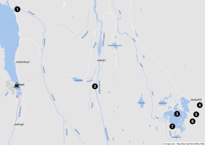 Karte der Landausflugsziele um Umland von Akureyri