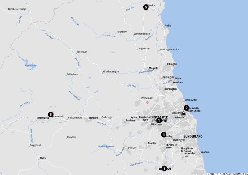 Karte der Ziele für Landausflüge im Umland von Newcastle