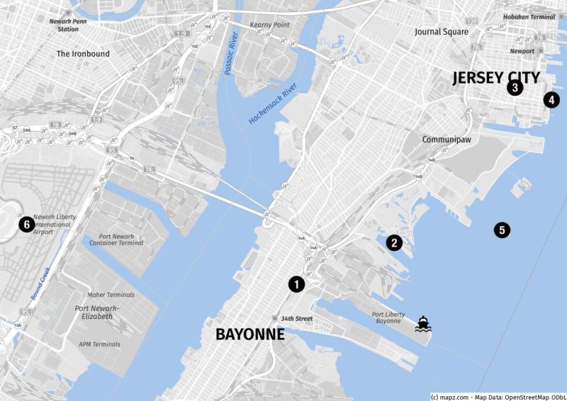 Karte des Cape Liberty Cruise Port und der Verkehrsanbindungen