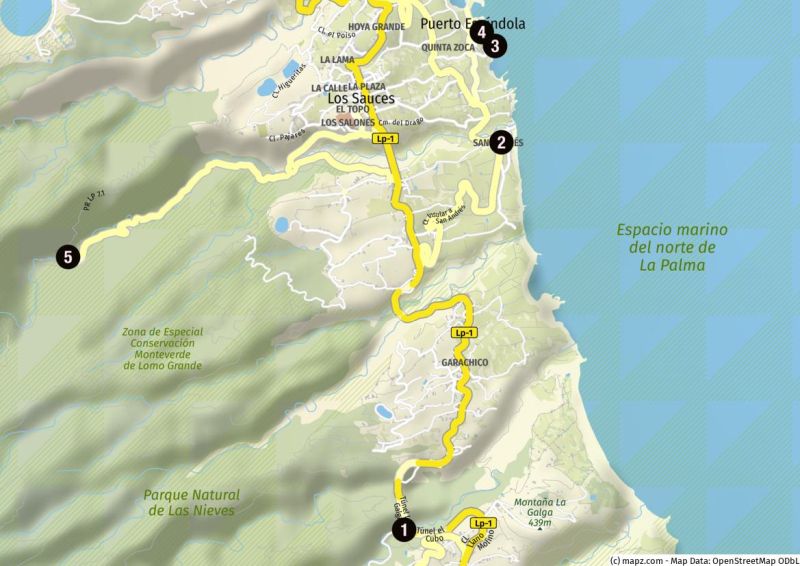 Karte des gründen Nordostens von La Palma