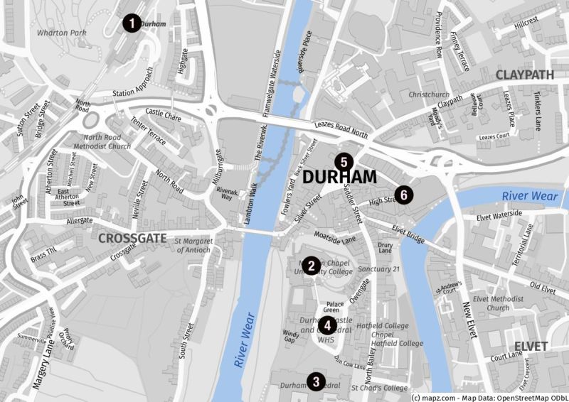 Karte für Landausflüge nach Durham