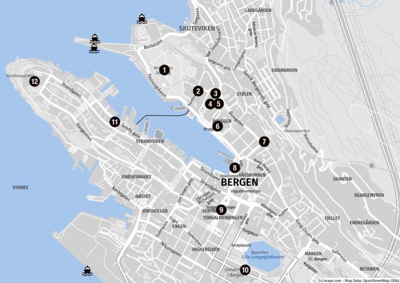 Karte für einen Stadtbummel in Bergen auf eigene Faust