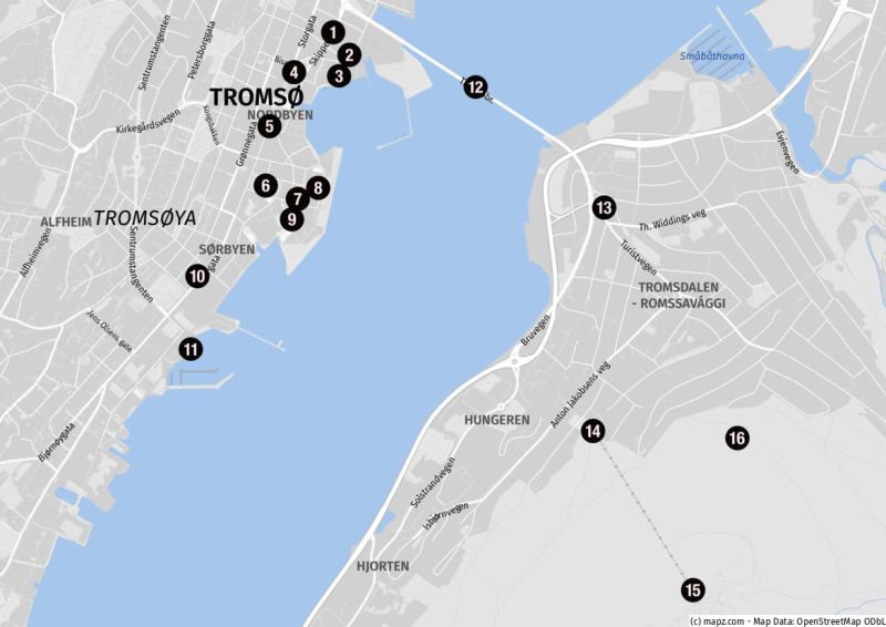 Karte der Highlights für einen Stadtbummel in Tromsø