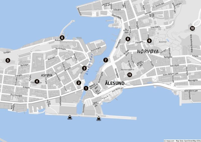 Karte unseres Stadtbummels in Alesund auf eigene Faust