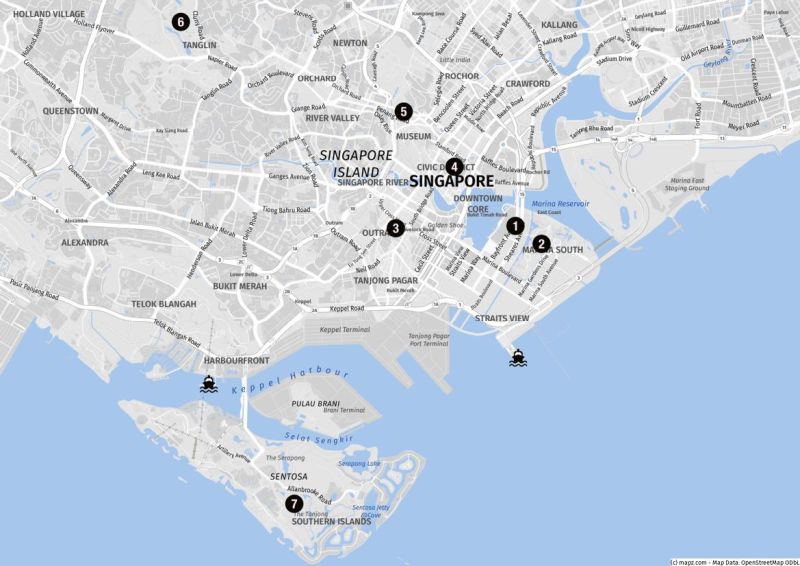 Karte von Singapur mit wichtigen Highlights und den Kreuzfahrthäfen
