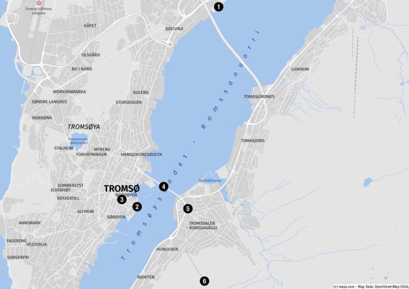 Karte von Tromsø mit den Kreuzfahrthäfen