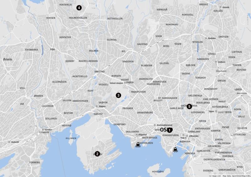 Karte der Landausflugsziele in den Außenbezirken von Oslo