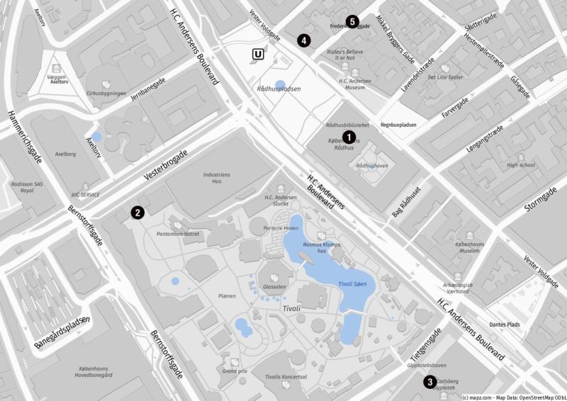Karte der Sehenswürdigkeiten rund um den Rathausplatz in Kopenhagen