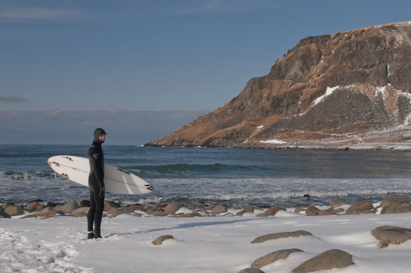 Unstad Beach mit Surfer